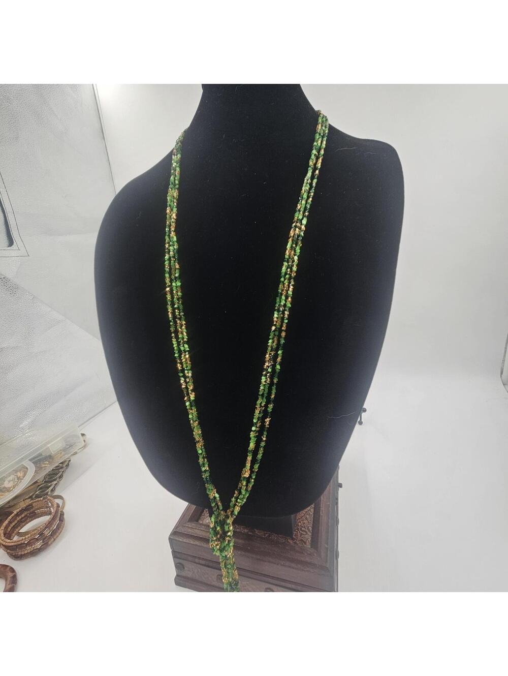 Vintage Green Cat's Eye Glass Multi Strand Convertible Necklace Beaded Boho 52"